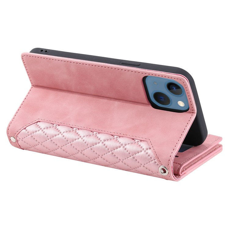 005 Style Phone Wallet Cover For iPhone 14 Plus 6.7 inch , Full Protection PU Leather Rhombus Texture Zipper Pocket Flip Case Stand with Strap Card Holder - Pink