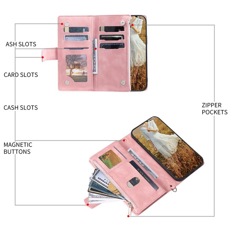 005 Style Phone Wallet Cover For iPhone 14 Plus 6.7 inch , Full Protection PU Leather Rhombus Texture Zipper Pocket Flip Case Stand with Strap Card Holder - Pink