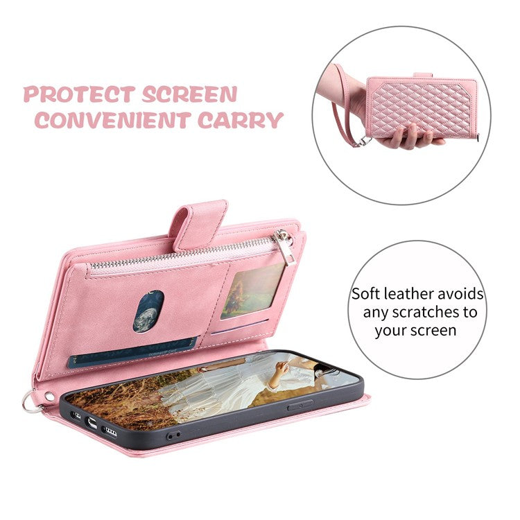 005 Style Phone Wallet Cover For iPhone 14 Plus 6.7 inch , Full Protection PU Leather Rhombus Texture Zipper Pocket Flip Case Stand with Strap Card Holder - Pink