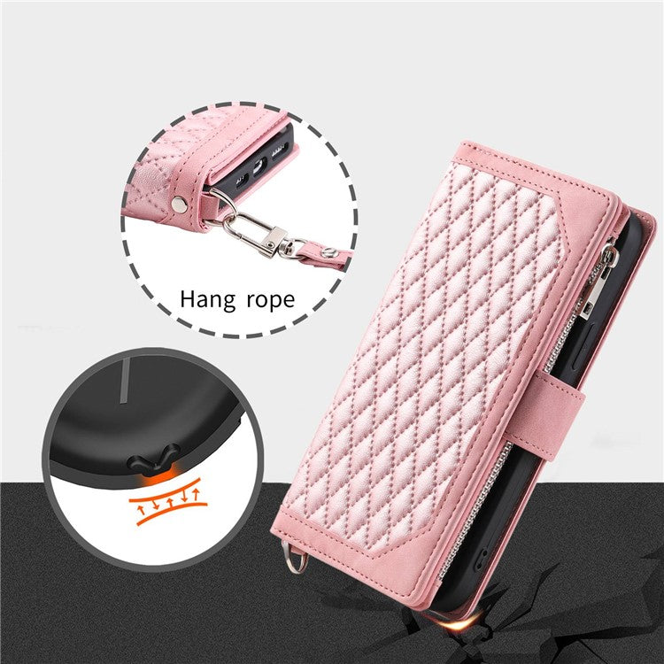 005 Style Phone Wallet Cover For iPhone 14 Plus 6.7 inch , Full Protection PU Leather Rhombus Texture Zipper Pocket Flip Case Stand with Strap Card Holder - Pink