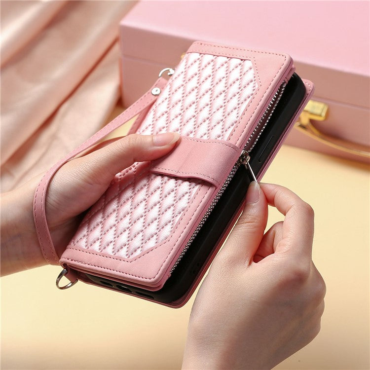005 Style Phone Wallet Cover For iPhone 14 Plus 6.7 inch , Full Protection PU Leather Rhombus Texture Zipper Pocket Flip Case Stand with Strap Card Holder - Pink