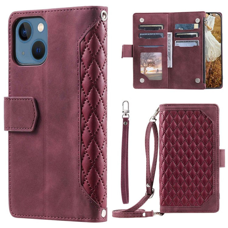 005 Style Phone Wallet Cover For iPhone 14 Plus 6.7 inch , Full Protection PU Leather Rhombus Texture Zipper Pocket Flip Case Stand with Strap Card Holder - Wine Red