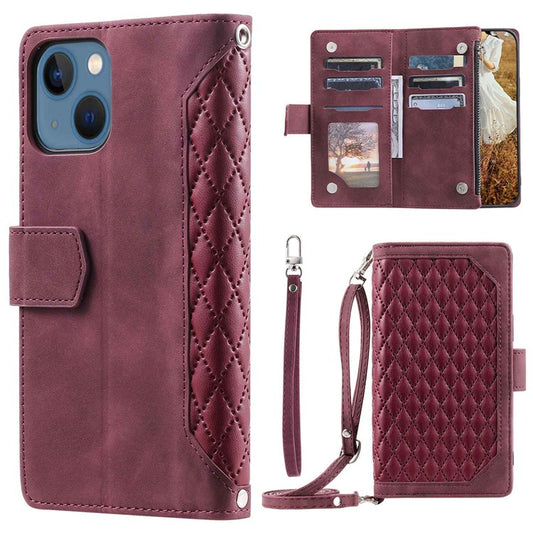 005 Style Phone Wallet Cover For iPhone 14 Plus 6.7 inch , Full Protection PU Leather Rhombus Texture Zipper Pocket Flip Case Stand with Strap Card Holder - Wine Red