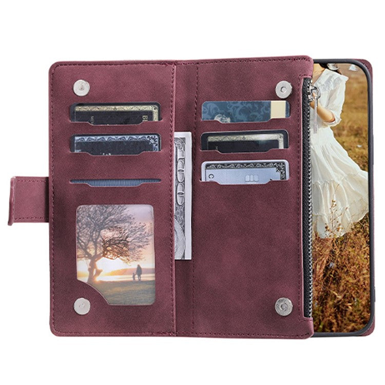 005 Style Phone Wallet Cover For iPhone 14 Plus 6.7 inch , Full Protection PU Leather Rhombus Texture Zipper Pocket Flip Case Stand with Strap Card Holder - Wine Red