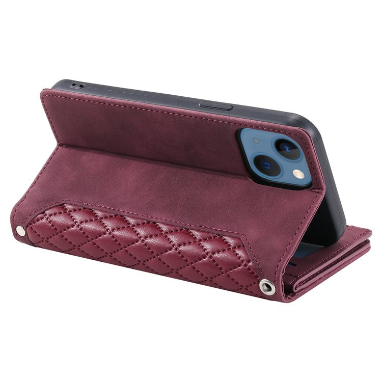 005 Style Phone Wallet Cover For iPhone 14 Plus 6.7 inch , Full Protection PU Leather Rhombus Texture Zipper Pocket Flip Case Stand with Strap Card Holder - Wine Red