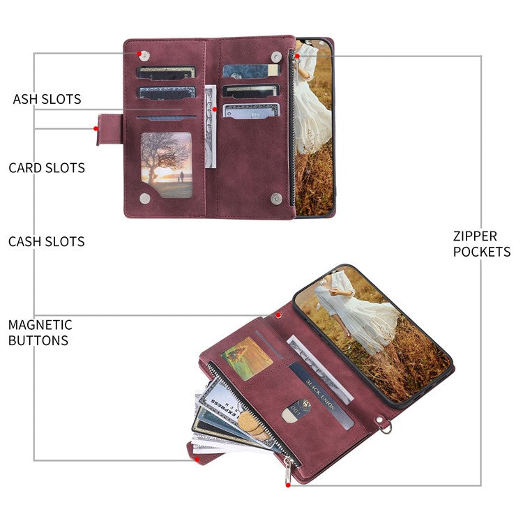 005 Style Phone Wallet Cover For iPhone 14 Plus 6.7 inch , Full Protection PU Leather Rhombus Texture Zipper Pocket Flip Case Stand with Strap Card Holder - Wine Red