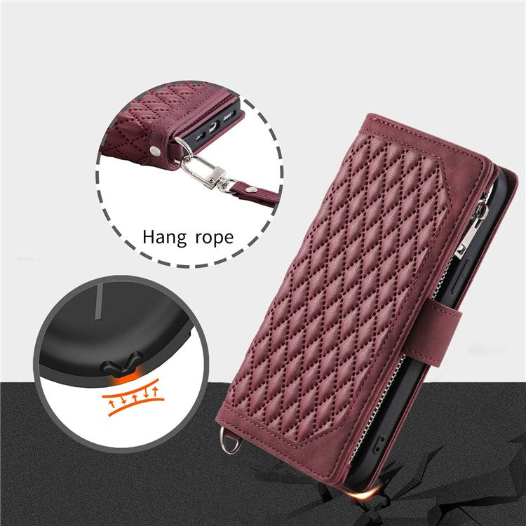005 Style Phone Wallet Cover For iPhone 14 Plus 6.7 inch , Full Protection PU Leather Rhombus Texture Zipper Pocket Flip Case Stand with Strap Card Holder - Wine Red