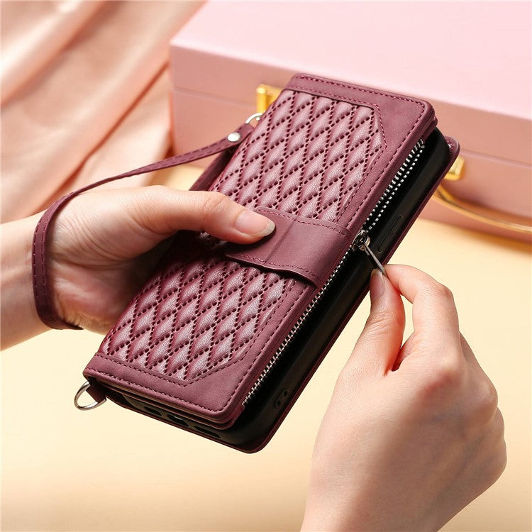 005 Style Phone Wallet Cover For iPhone 14 Plus 6.7 inch , Full Protection PU Leather Rhombus Texture Zipper Pocket Flip Case Stand with Strap Card Holder - Wine Red