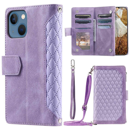 005 Style Phone Wallet Cover For iPhone 14 Plus 6.7 inch , Full Protection PU Leather Rhombus Texture Zipper Pocket Flip Case Stand with Strap Card Holder - Purple