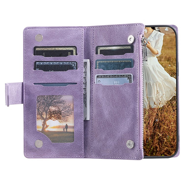 005 Style Phone Wallet Cover For iPhone 14 Plus 6.7 inch , Full Protection PU Leather Rhombus Texture Zipper Pocket Flip Case Stand with Strap Card Holder - Purple
