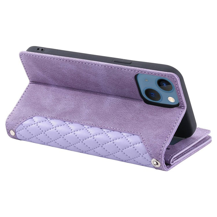 005 Style Phone Wallet Cover For iPhone 14 Plus 6.7 inch , Full Protection PU Leather Rhombus Texture Zipper Pocket Flip Case Stand with Strap Card Holder - Purple