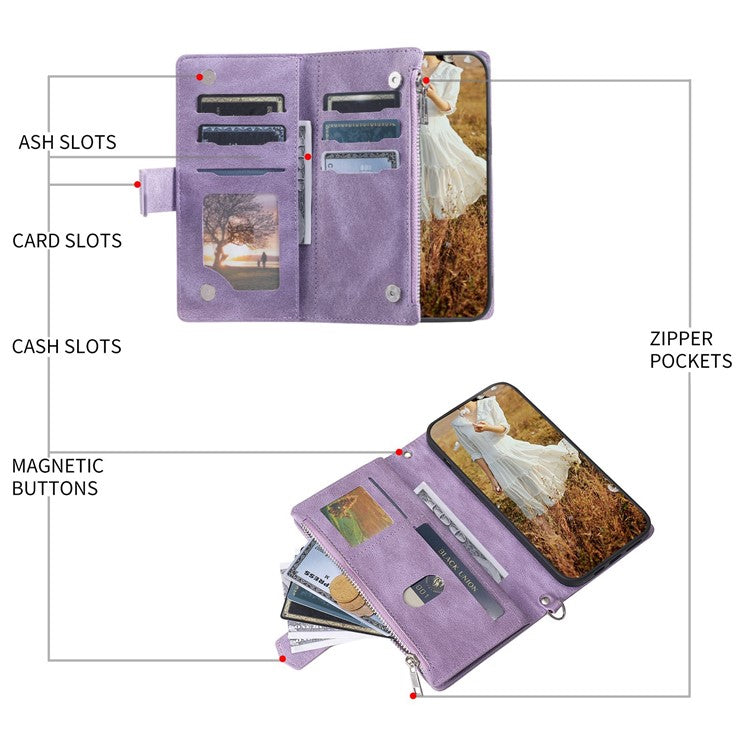 005 Style Phone Wallet Cover For iPhone 14 Plus 6.7 inch , Full Protection PU Leather Rhombus Texture Zipper Pocket Flip Case Stand with Strap Card Holder - Purple