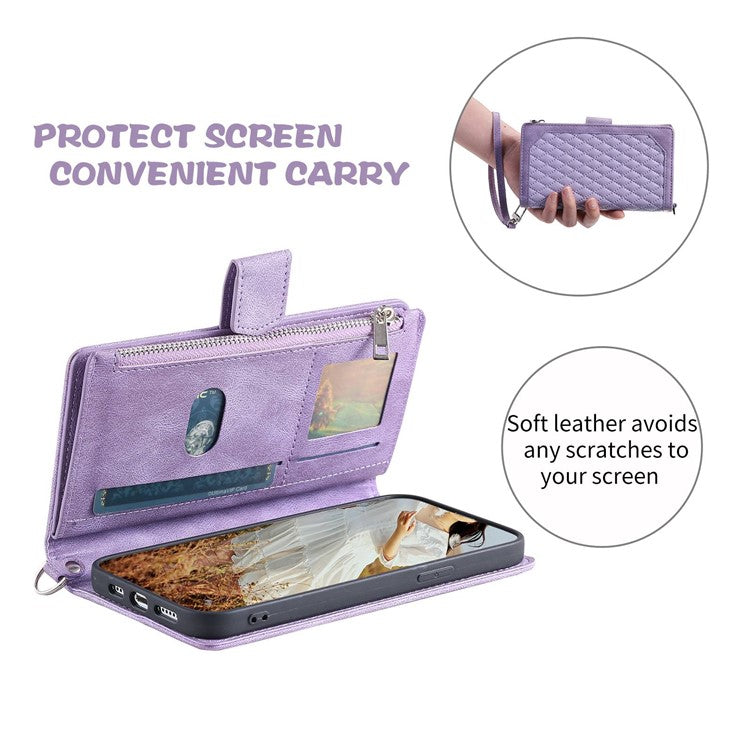 005 Style Phone Wallet Cover For iPhone 14 Plus 6.7 inch , Full Protection PU Leather Rhombus Texture Zipper Pocket Flip Case Stand with Strap Card Holder - Purple