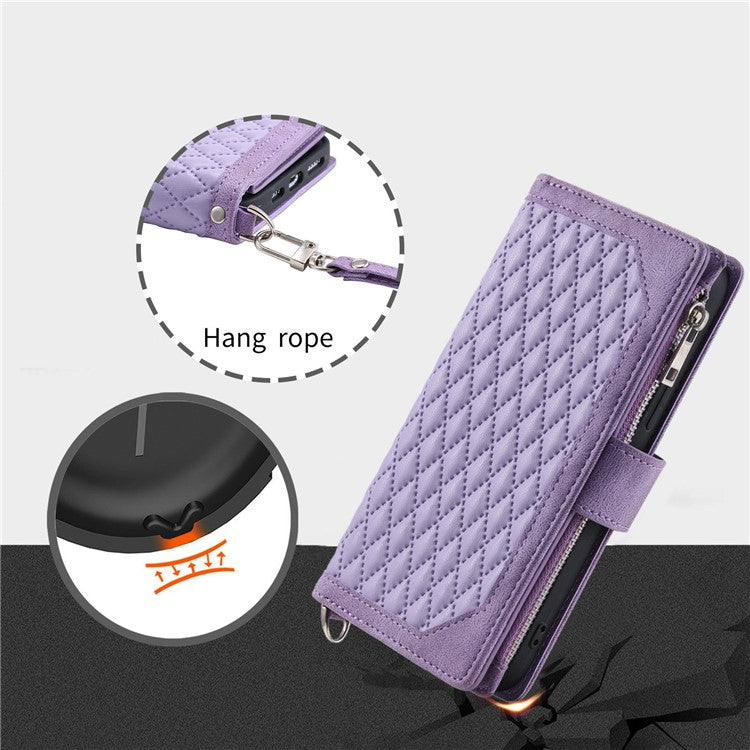 005 Style Phone Wallet Cover For iPhone 14 Plus 6.7 inch , Full Protection PU Leather Rhombus Texture Zipper Pocket Flip Case Stand with Strap Card Holder - Purple