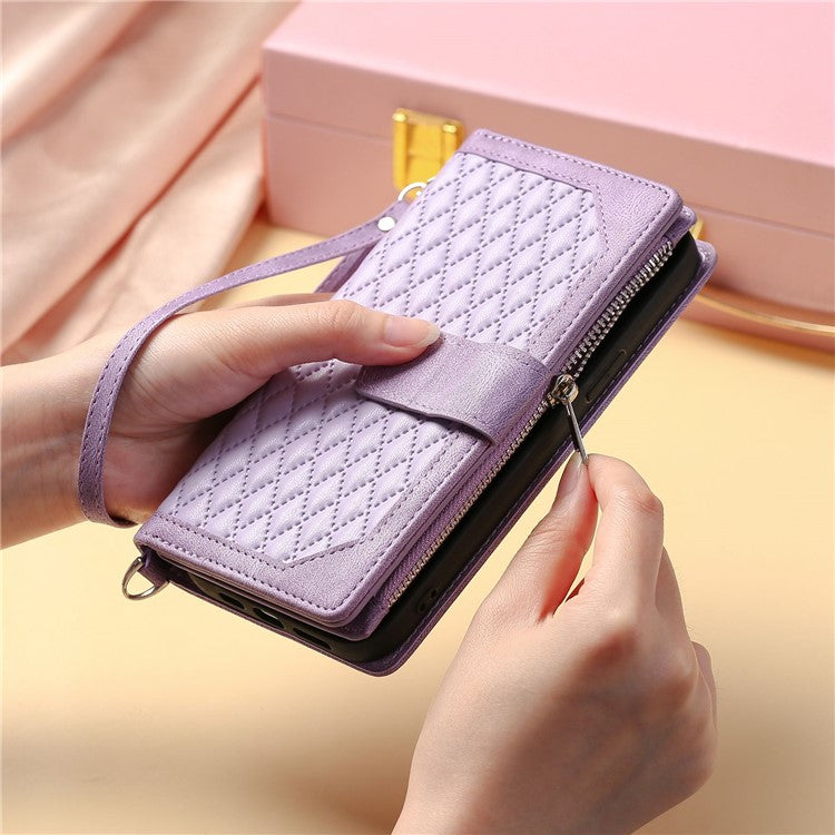 005 Style Phone Wallet Cover For iPhone 14 Plus 6.7 inch , Full Protection PU Leather Rhombus Texture Zipper Pocket Flip Case Stand with Strap Card Holder - Purple