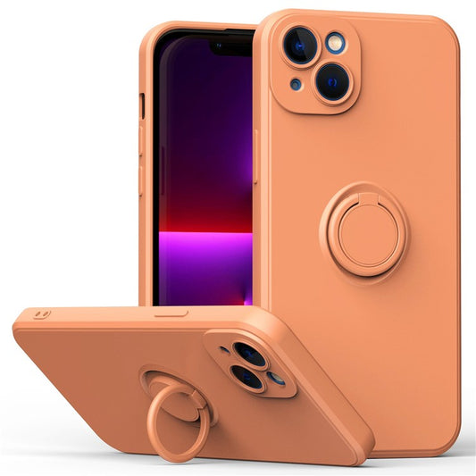 For iPhone 14 Plus 6.7 inch  Ring Holder Kickstand TPU Case Rubberized Soft TPU Cover with Built-in Metal Sheet - Orange