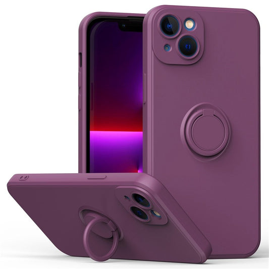 For iPhone 14 6.1 inch Ring Kickstand Phone Case Drop-proof Protection Rubberized TPU Back Cover - Cherry Blossom Purple