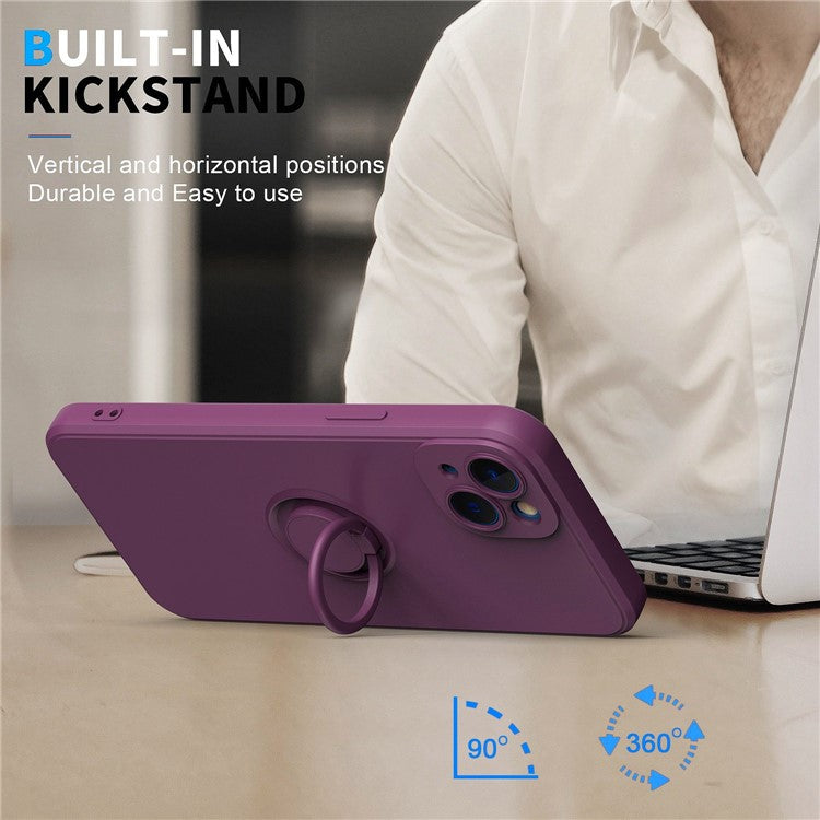 For iPhone 14 6.1 inch Ring Kickstand Phone Case Drop-proof Protection Rubberized TPU Back Cover - Cherry Blossom Purple