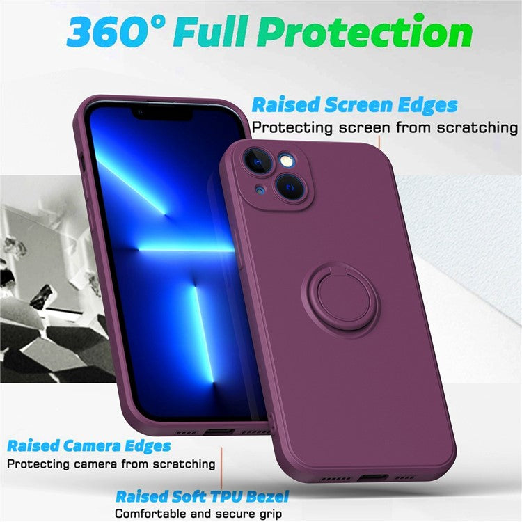 For iPhone 14 6.1 inch Ring Kickstand Phone Case Drop-proof Protection Rubberized TPU Back Cover - Cherry Blossom Purple
