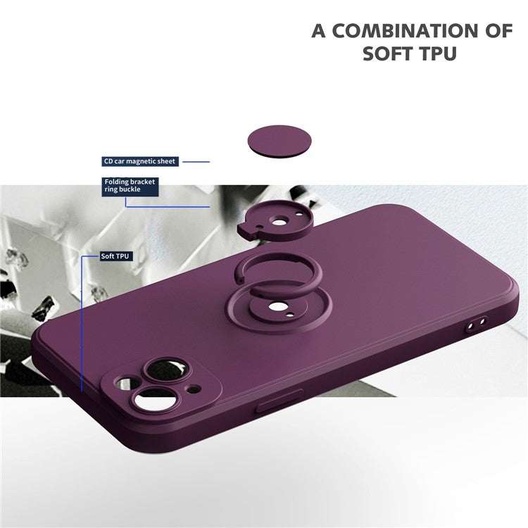 For iPhone 14 6.1 inch Ring Kickstand Phone Case Drop-proof Protection Rubberized TPU Back Cover - Cherry Blossom Purple