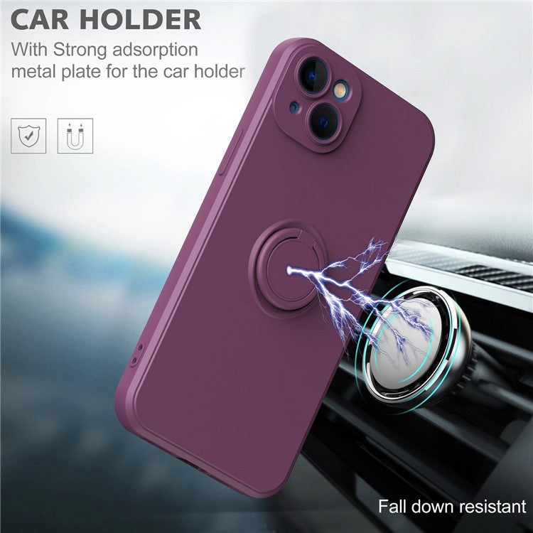 For iPhone 14 6.1 inch Ring Kickstand Phone Case Drop-proof Protection Rubberized TPU Back Cover - Cherry Blossom Purple