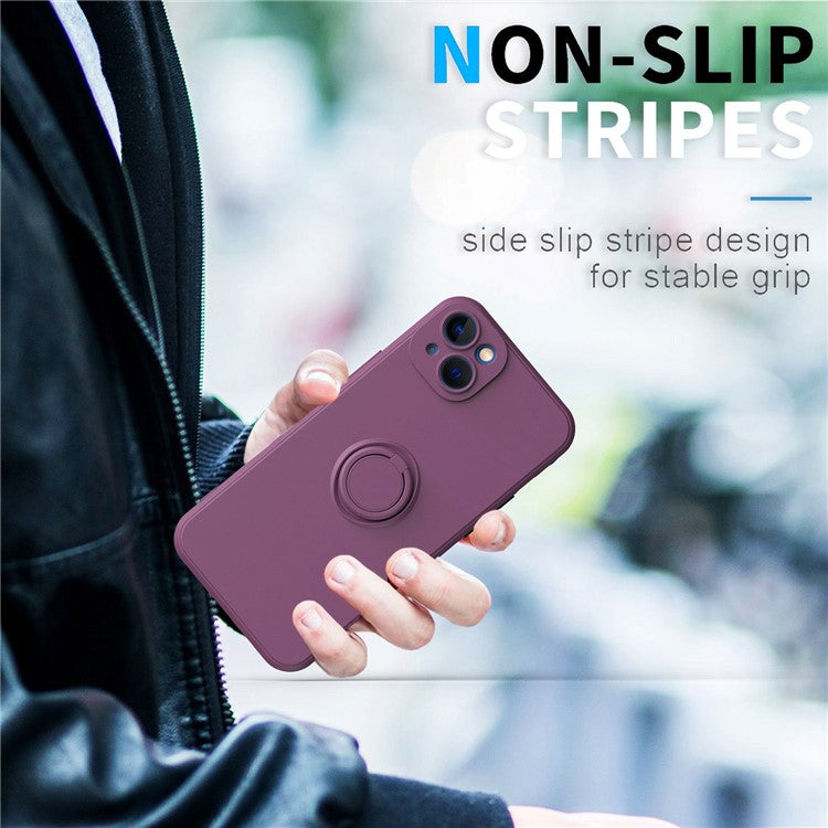 For iPhone 14 6.1 inch Ring Kickstand Phone Case Drop-proof Protection Rubberized TPU Back Cover - Cherry Blossom Purple