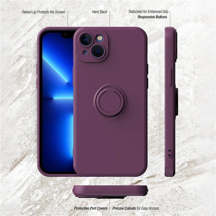 For iPhone 14 6.1 inch Ring Kickstand Phone Case Drop-proof Protection Rubberized TPU Back Cover - Cherry Blossom Purple