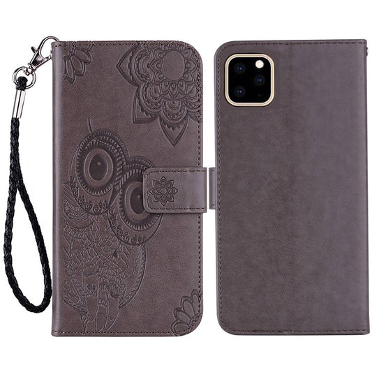 For iPhone 14 Plus 6.7 inch  Shockproof Flip Wallet Case Imprinted Owl Flower Pattern PU Leather Phone Stand Cover - Grey