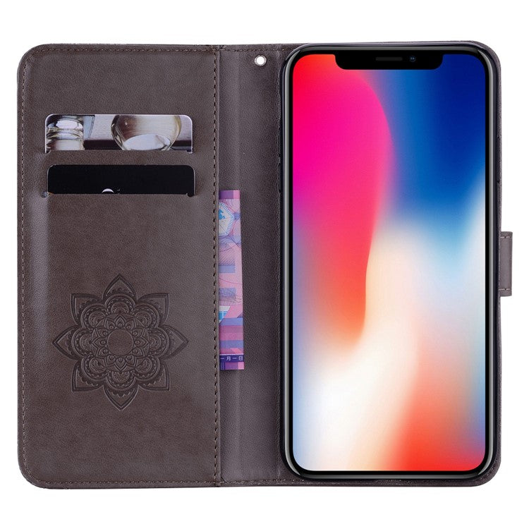 For iPhone 14 Plus 6.7 inch  Shockproof Flip Wallet Case Imprinted Owl Flower Pattern PU Leather Phone Stand Cover - Grey