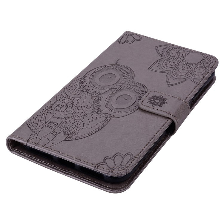 For iPhone 14 Plus 6.7 inch  Shockproof Flip Wallet Case Imprinted Owl Flower Pattern PU Leather Phone Stand Cover - Grey