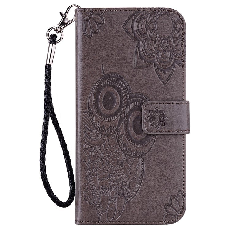 For iPhone 14 Plus 6.7 inch  Shockproof Flip Wallet Case Imprinted Owl Flower Pattern PU Leather Phone Stand Cover - Grey
