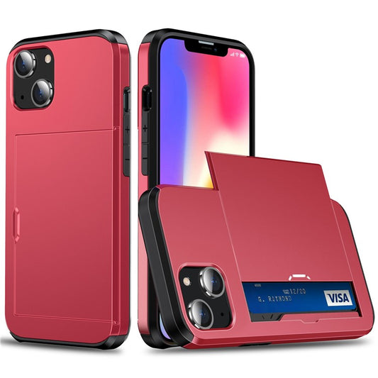 Card Holder Phone Case for iPhone 14 Plus 6.7 inch , TPU + PC Dual Layer Protective Cover - Red