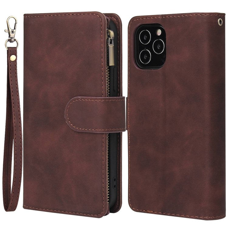 For iPhone 14 Plus 6.7 inch  Drop-proof Zipper Pocket Phone Wallet Case with Multiple Card Slots Protective PU Leather Flip Cover Stand - Coffee