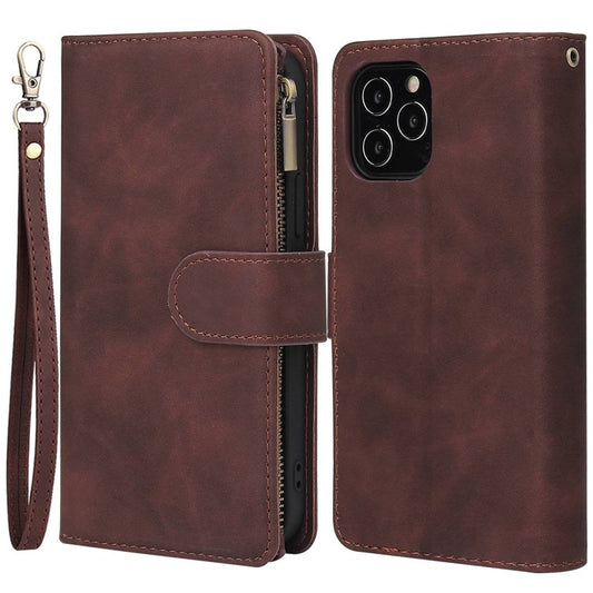 For iPhone 14 Plus 6.7 inch  Drop-proof Zipper Pocket Phone Wallet Case with Multiple Card Slots Protective PU Leather Flip Cover Stand - Coffee