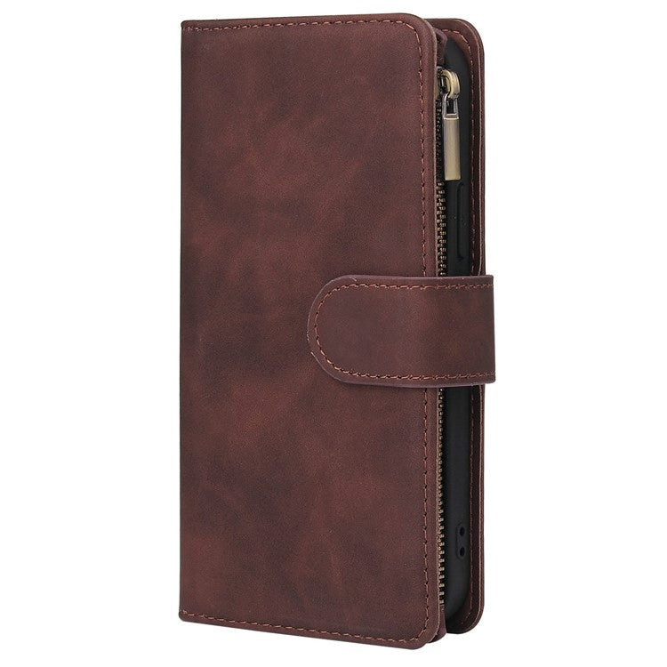 For iPhone 14 Plus 6.7 inch  Drop-proof Zipper Pocket Phone Wallet Case with Multiple Card Slots Protective PU Leather Flip Cover Stand - Coffee
