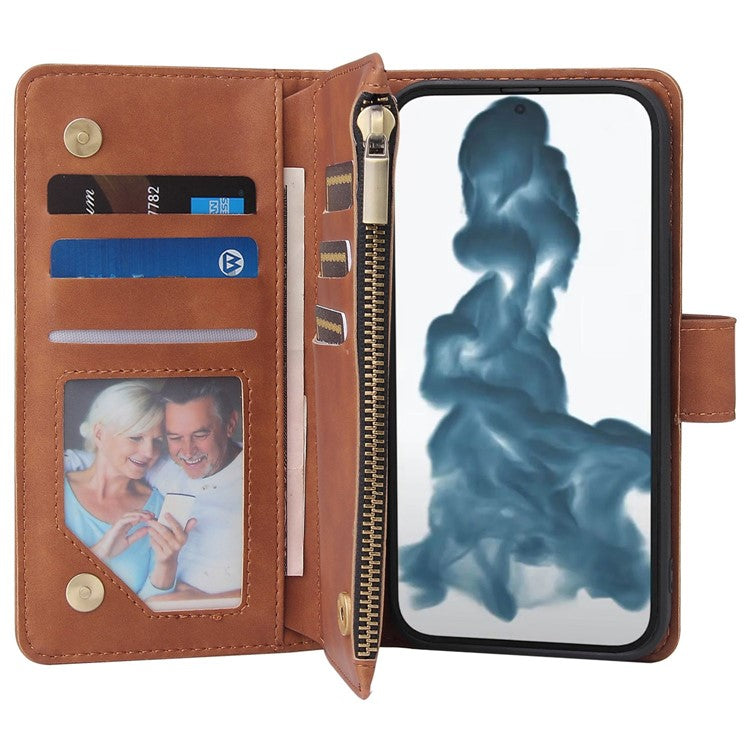 For iPhone 14 Plus 6.7 inch  Drop-proof Zipper Pocket Phone Wallet Case with Multiple Card Slots Protective PU Leather Flip Cover Stand - Coffee