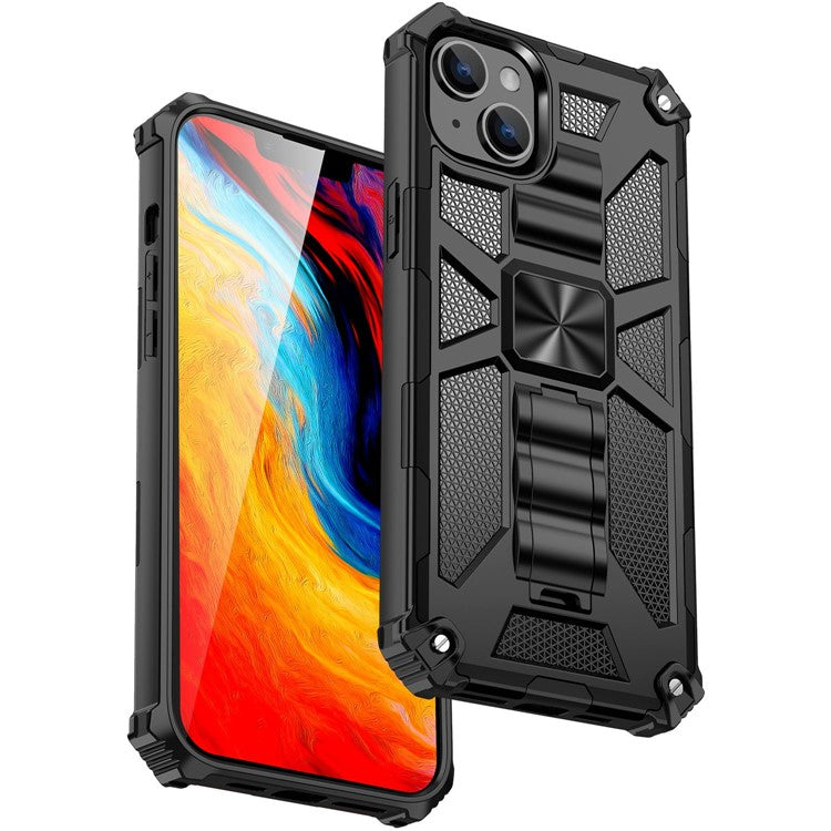For iPhone 14 Plus PC+TPU Wear-resistant Armor Cover Magnetic Bracket Kickstand Mobile Phone Shell - Black