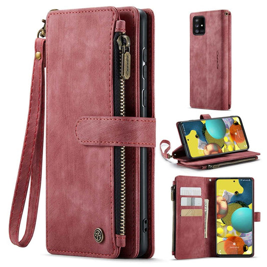 CASEME C30 Series for Samsung Galaxy A51 4G SM-A515 PU Leather Multiple Card Slots Phone Cover Zipper Pocket Wallet Case - Red