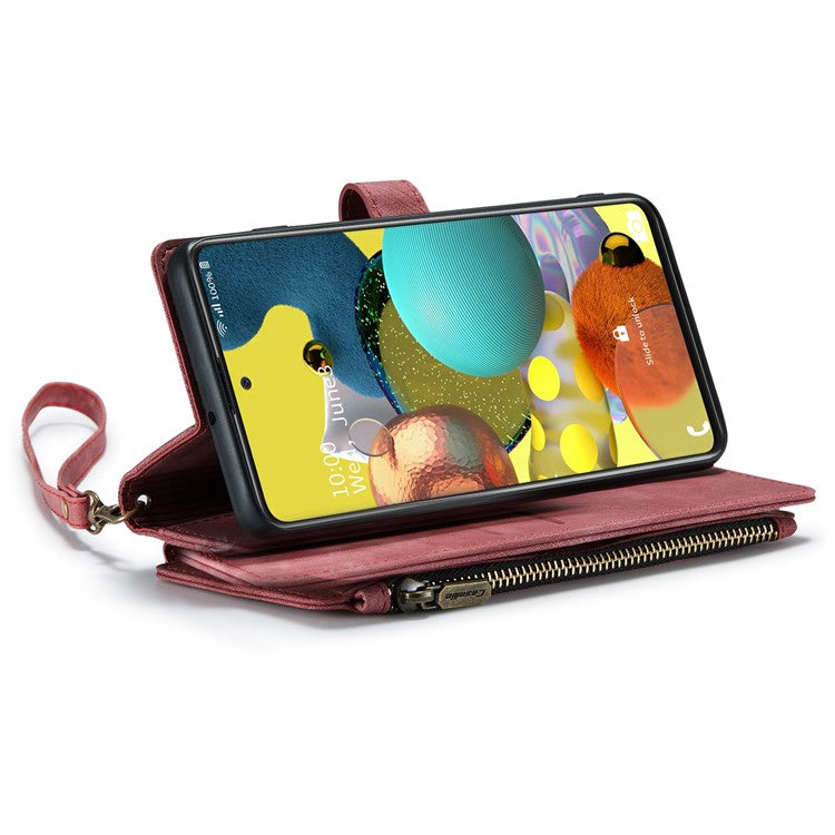 CASEME C30 Series for Samsung Galaxy A51 4G SM-A515 PU Leather Multiple Card Slots Phone Cover Zipper Pocket Wallet Case - Red