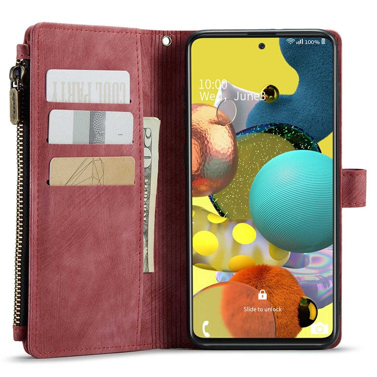 CASEME C30 Series for Samsung Galaxy A51 4G SM-A515 PU Leather Multiple Card Slots Phone Cover Zipper Pocket Wallet Case - Red