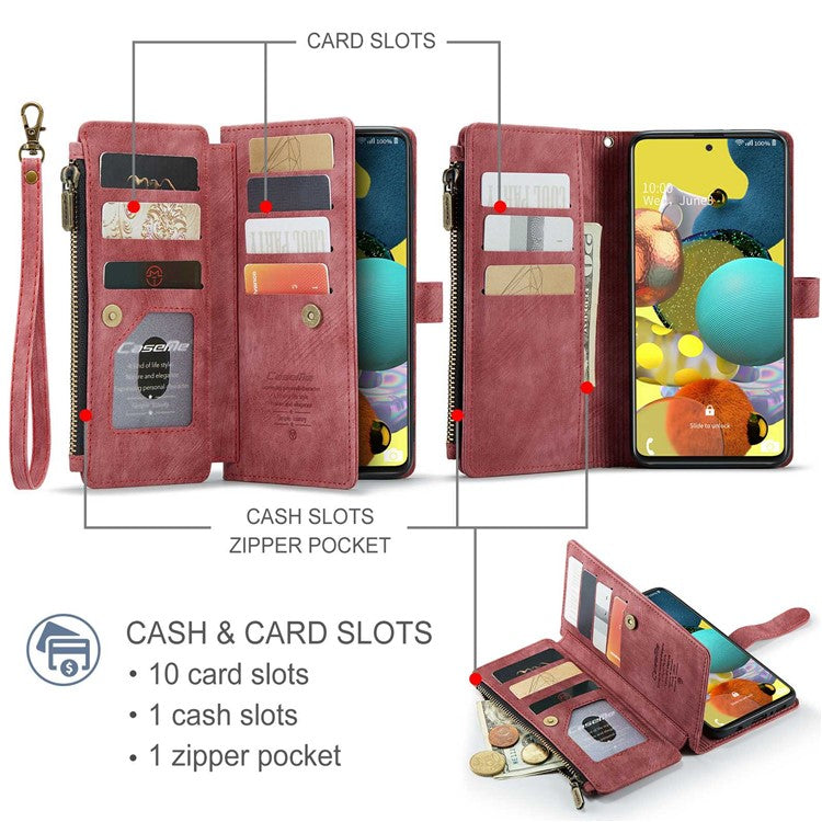 CASEME C30 Series for Samsung Galaxy A51 4G SM-A515 PU Leather Multiple Card Slots Phone Cover Zipper Pocket Wallet Case - Red