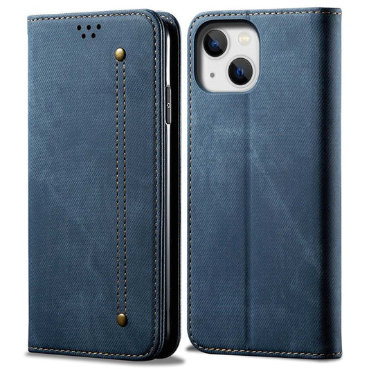For iPhone 14 6.1 inch Shockproof Phone Wallet Cover Magnetic Anti-drop Jeans Cloth Texture Flip Leather Stand Mobile Phone Case - Blue