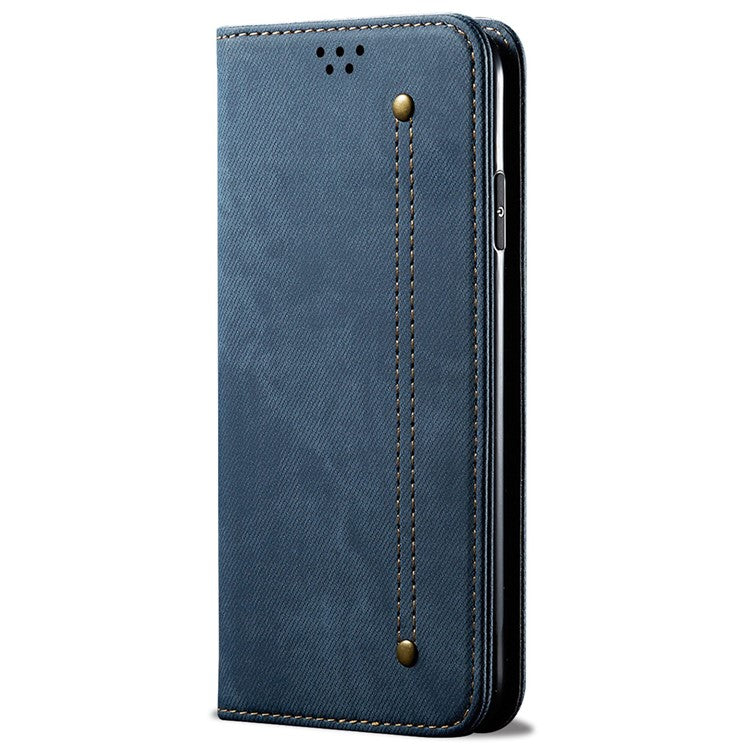 For iPhone 14 6.1 inch Shockproof Phone Wallet Cover Magnetic Anti-drop Jeans Cloth Texture Flip Leather Stand Mobile Phone Case - Blue
