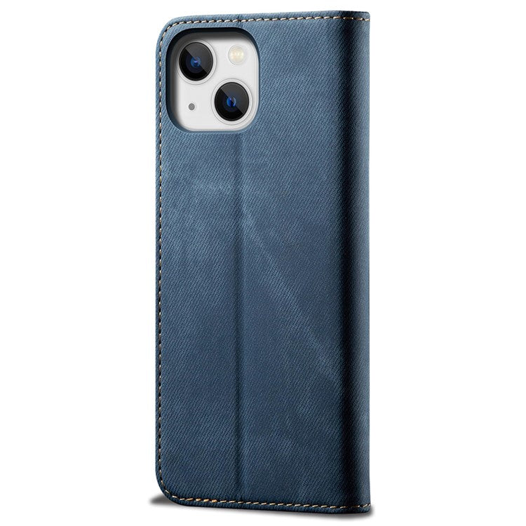 For iPhone 14 6.1 inch Shockproof Phone Wallet Cover Magnetic Anti-drop Jeans Cloth Texture Flip Leather Stand Mobile Phone Case - Blue
