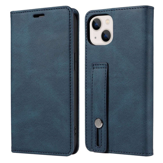 For iPhone 14 6.1 inch Shockproof Phone Flip Wallet Case Phone Cover Stand with Wristband - Blue