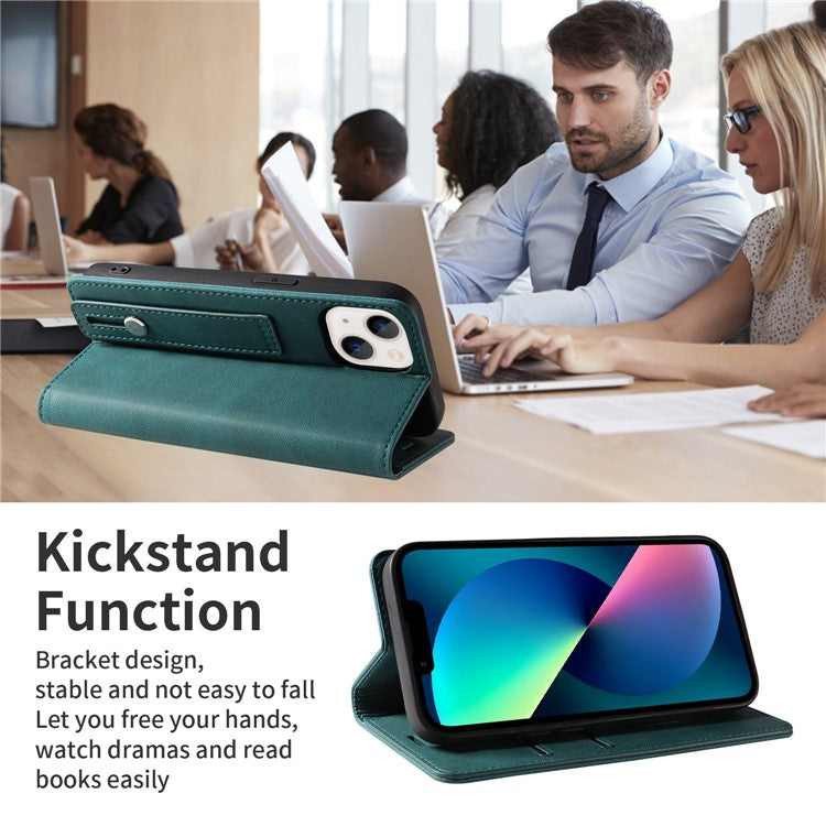 For iPhone 14 6.1 inch Shockproof Phone Flip Wallet Case Phone Cover Stand with Wristband - Blue