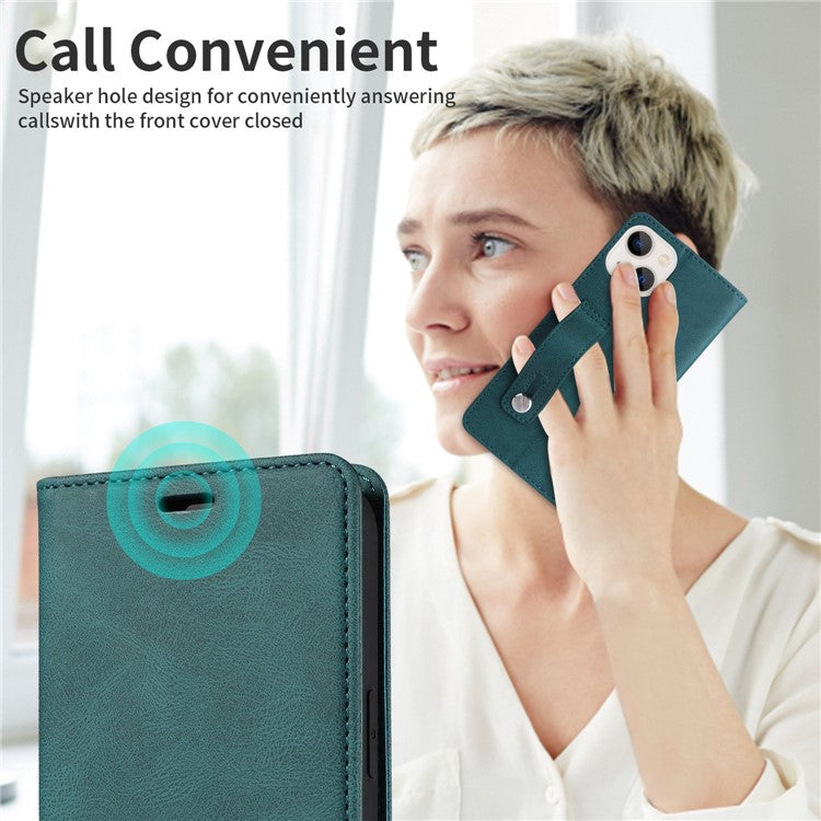 For iPhone 14 6.1 inch Shockproof Phone Flip Wallet Case Phone Cover Stand with Wristband - Blue