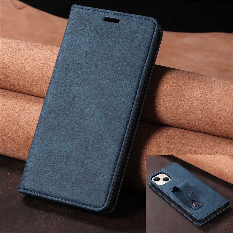 For iPhone 14 6.1 inch Shockproof Phone Flip Wallet Case Phone Cover Stand with Wristband - Blue