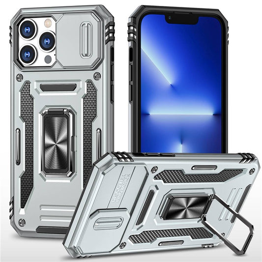 Mobile Phone Case for iPhone 14 Pro Max 6.7 inch, PC + TPU Ring Kickstand Cell Phone Shell with Slide Camera Protector - Grey