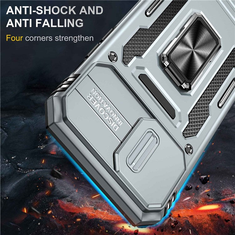 Mobile Phone Case for iPhone 14 Pro Max 6.7 inch, PC + TPU Ring Kickstand Cell Phone Shell with Slide Camera Protector - Grey